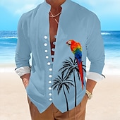preiswerte Vögel &amp; Tiere-Herren Papagei Hawaiihemd Sommerhemd Aloha-Shirt Langarm Hawaiianisch Resort Urlaub Sommer Frühling V Ausschnitt Knopf hoch Weiß Blau Grün Beige
