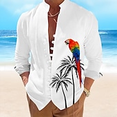 preiswerte Vögel &amp; Tiere-Herren Papagei Hawaiihemd Sommerhemd Aloha-Shirt Langarm Hawaiianisch Resort Urlaub Sommer Frühling V Ausschnitt Knopf hoch Weiß Blau Grün Beige
