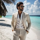 voordelige Strandpakken-Heren Zomer Bruiloft Linnen Pakken Beige Groomsmen Pakken Effen Gekleurde Maatwerk Pasvorm 2 Delig Enkele Knop