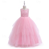 baratos Vestidos floridos-Vestido para Meninas das Flores Crianças Para Meninas Vestido de princesa Espetáculo Casamento Festa Elegante Lindo Com Transparência Côr Sólida Sem Manga Gola Redonda Branco Rosa 4 anos +