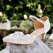 cheap Formal-Women&#039;s White Lace Floral Embroidered Kitten Heel Shoes with Ankle Strap – Elegant Bridal Wedding Shoes