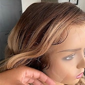 abordables Perruques à dentelle frontale-Perruque Cheveux Naturel Rémy Fermeture 5x5 13x4 devant en dentelle Cheveux Brésiliens Ondulation Lâche Blond Multicolore Partie libre Femme Densité 130% 150% Mèches Colorées / Balayées Ligne de