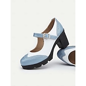 olcso Block Heels-női kék-fehér mary jane vaskos sarkú cipő brogue részletekkel, vintage stílusú kényelmes pumpák irodába, bulikba és mindennapi viseletre