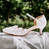 cheap Formal-Women&#039;s White Lace Floral Embroidered Kitten Heel Shoes with Ankle Strap – Elegant Bridal Wedding Shoes