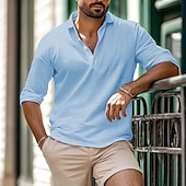 economico Strada-Per uomo Camicia camicia di lino Camicia estiva Abbigliamento mare Liscio Da mare Informale Bianco Cachi Grigio chiaro Azzurro Manica lunga Bavero Primavera estate Abbigliamento