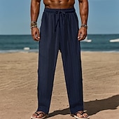 baratos Feriado-Homens Calças de linho Calças Calça verão Calças de praia Com Cordão Cintura elástica Perna reta Tecido Conforto Respirável Comprimento total Diário Feriado Praia Férias Moda Preto Branco