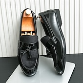 cheap Semi-Formal-Men&#039;s Black Patent Faux Leather Tassel Loafers – Velvet Accent Slip-On Dress Shoes for Wedding and Formal Wear