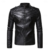 cheap Leather Jackets-Men&#039;s Faux Leather Jacket Transition Jacket Casual Jacket Biker Jacket Casual Thermal Warm Rain Waterproof Faux Fur Trim Fall Pure Color Casual Stand Collar Regular Regular Faux Leather Regular Fit