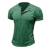 cheap Casual Henley Tee-100%Cotton Men&#039;s T Shirt Henley Shirt Tee Short Sleeve Shirt Tee Top Plain Vintage Designer Basic Button Up Henley Vacation Street Casual Daily Spring Summer Black White Light Green Henley T-Shirt