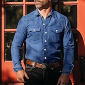 economico camicie di jeans da uomo-Per uomo Camicia Camicia in chambray Camicia in calicò Maglietta informale Camicia con bottoni Camicia di jeans Blu denim Nero Blu Azzurro Manica lunga Liscio Colletto Da mare Giornaliero
