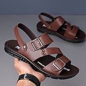 abordables Sandales de Vacances-sandales en similicuir pour hommes avec sangles à double boucle – chaussures d&#039;été décontractées confortables et antidérapantes pour l&#039;extérieur