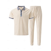 billiga Basic Tees-set för män-Herr Våffelskjorta Polo T-shirts Byxuppsättningar Långärmad Fjärdedels blixtlås Ensfärgat Stickat Mode Ficka Hem Kontor / Karriär Gata Svart Elfenben Blå Topp t-shirt för män