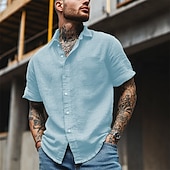 economico Strada-Cotone e lino Classico Per uomo Camicia camicia di lino Camicia estiva Camicia da spiaggia Camicia con bottoni Nero Bianco Blu Manica corta Liscio Collo ripiegabile Estate Da mare Per eventi