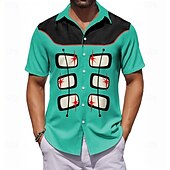 cheap Men&#039;s Bowling Shirt-Men&#039;s Geometric Color Block Casual Shirt Bowling Shirt Button Up Shirt Short Sleeve Artistic Abstract Causal Casual Spring Fall Turndown Button Up Green