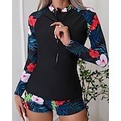 halpa Ihottumavartiot-Naisten Rashguard-uimapuku Kevyt Pitkähihainen Uima-asut Uimapuku 2-osainen Etuvetoketju Uinti Lainelautailu Hiekkaranta Vesiurheilu Kukat Tilkkutäkki Painettu Kesä Kevät Syksy