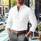 cheap Business Casual-Men&#039;s Shirt Band Collar Shirt Summer Shirt Dress Shirt Button Up Shirt Solid Color Work Wear to work Black White Pink Blue Long Sleeve Collar Clothing Apparel
