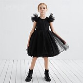 billige Blomsterkjoler-Blomsterpikekjole Barn Jente Prinsesse kjole Ytelse Bryllup Fest Elegant Vakker Netting Helfarge Kortermet Crew-hals Svart Hvit 4 år +