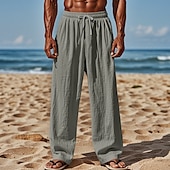 baratos Feriado-Homens Calças de linho Calças Calça verão Calças de praia Com Cordão Cintura elástica Perna reta Tecido Conforto Respirável Comprimento total Casual Diário Feriado Férias Moda Preto Branco