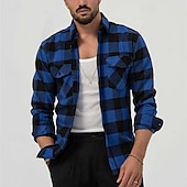 cheap Men&#039;s Shirt Jacket-Men&#039;s Shirt Summer Shirt Casual Shirt Beach Shirt Button Up Shirt Overshirt Yellow Blue Long Sleeve Plaid Lapel Vacation Hawaiian Button-Down Clothing Apparel Fashion Casual Comfortable
