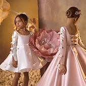 cheap Flower Girl&#039;s Dresses-Kids Girls&#039; Flower Girl Dress First Communion Dress Party Dress Solid Color Half Sleeve Performance Wedding Party Mesh Princess Sweet Mesh Mid-Calf Sheath Dress Tulle Dress Summer Spring Fall kids