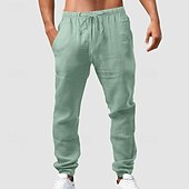 baratos Clássico-Homens Calças de linho Calças Calça verão Calças de gaze Com Cordão Cintura elástica Bolso frontal Tecido Conforto Respirável Comprimento total Casual Diário Feriado Moda Estilo Clássico ダークカーキ Preto