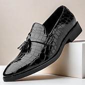 levne Poloformální-pánské hnědé mokasíny s krokodýlím vzorem z umělé kůže se střapkovým detailem - elegantní nazouváky na svatbu, obchodní i formální příležitosti
