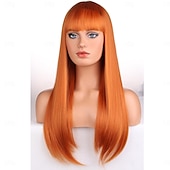 billige Syntetiske trendy parykker-mørk oransje parykk for kvinner lang rett rød kobberparykk med smell ingefær kastanjebrunt hår parykker syntetisk varmebestandig fiber halloween cosplay kostyme daglig festbruk