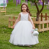 baratos Vestidos floridos-Vestido para Meninas das Flores Crianças Para Meninas Vestido de princesa Espetáculo Casamento Festa Elegante Lindo Com Transparência Côr Sólida Sem Manga Gola Redonda Branco Rosa 4 anos +