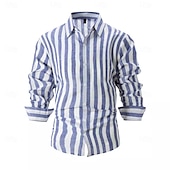 preiswerte Business Casual-Herren Hemd leinenhemd Sommerhemd Strandbekleidung Knopfhemd Gestreift Party Strasse Schwarz Rosa Rote Blau Langarm Kragen Sommer Bekleidung