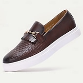cheap Premium Leather Loafers-Men's Premium Cowhide Slip-On Sneakers with Woven Leather Design, Tassel and Gold Chain Detail, Casual and Stylish for Everyday Wear