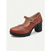 olcso Block Heels-női kék-fehér mary jane vaskos sarkú cipő brogue részletekkel, vintage stílusú kényelmes pumpák irodába, bulikba és mindennapi viseletre