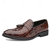 levne Poloformální-pánské hnědé mokasíny s krokodýlím vzorem z umělé kůže se střapkovým detailem - elegantní nazouváky na svatbu, obchodní i formální příležitosti