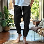 baratos Lar-Homens Calças de linho Calças Calça verão Cintura elástica Perna reta Ascensão alta Côr Sólida Conforto Respirável Comprimento total Casa Simples Casual Preto Branco Sem Elasticidade