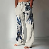 cheap Men&#039;s Printed Casual Pants-Men&#039;s Animal Wolf Pants Trousers Casual Pants Mid Waist Drawstring Elastic Waist Hawaiian Casual Vintage Retro Vacation Holiday Straight Leg Trousers Summer Spring Fall 3D Print White