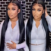 baratos Perucas de seda frontais de cabelo natural-Conjunto de cabelo liso humano completo de 10 a 30 polegadas, 5x5, renda frontal, cabelo liso, densidade de 150%