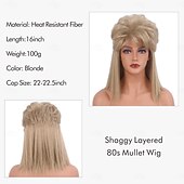 baratos Perucas Históricas-Peruca dos anos 80 com Franjas para Mulheres Peruca Mullet Disco Peruca Longa e Cacheada para Homens e Mulheres Cabelos para Carnaval e Halloween Resistentes ao Calor