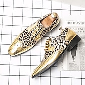 economico Formale-scarpe oxford da uomo con stampa leopardata dorata – design audace in vernice con dettagli brogue per feste e spettacoli teatrali