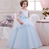voordelige Bloemenjurken-Bloemenmeisjesjurk kinderen Voor meisjes Prinses jurk Prestatie Bruiloft Feest Elegant Mooi Kant Netstof Effen Kleur Halve mouw V-hals blauw 4 jaar +