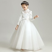 baratos Vestidos floridos-Vestido para Meninas das Flores Crianças Para Meninas Vestido de princesa Espetáculo Casamento Festa Elegante Lindo Com Transparência Côr Sólida Sem Manga Colarinho Clerical Branco 4 anos +