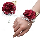 ieftine Plante și flori artificiale-Pachet de 2 set de butoniere pentru încheietura mâinii, trandafir artificial, floare de mătase lucrată manual, pentru flori de nuntă, accesorii, decor costum de bal