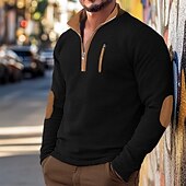 cheap Waffle Knit Tee-Men&#039;s T Shirt Waffle Knit Tee Tee Top Long Sleeve Shirt Long Sleeve Quarter Zip Spring &amp;  Fall Color Block Fashion Designer Basic Patchwork Zipper Vacation Street Going out Black Navy Blue khaki Top