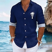 cheap Tropical Plants-Men&#039;s Palm Tree Summer Hawaiian Shirt Aloha Shirt Long Sleeve Hawaiian Resort Vacation Causal Casual Summer Spring Turndown Button Up Navy Blue Blue Sky Blue Green Beige