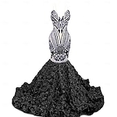 preiswerte SCHWARZ-Meerjungfrau  Trompeten-Abendkleid Elegantes Kleid Abendparty Abschlussball Gericht Zug Ärmellos V-Ausschnitt Afroamerikaner Pailletten mit Pailletten