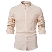 economico Classico-Per uomo Camicia camicia di lino Camicia con colletto a fascia Camicia estiva Camicia da spiaggia Liscio Da mare Informale Bianco Blu marino scuro Blu Marrone Manica lunga A fascia Primavera estate