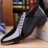 baratos Formal-sapatos sociais oxford masculinos de couro sintético envernizado – calçados sociais formais com cadarço e acabamento texturizado