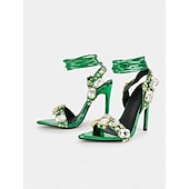 economico cocktail-Sandali con tacco a spillo da donna in pelle metallizzata verde con lacci e decorazioni in strass – sandali glamour per cocktail party e serate