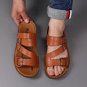 abordables Sandales de Vacances-sandales en similicuir pour hommes avec sangles à double boucle – chaussures d&#039;été décontractées confortables et antidérapantes pour l&#039;extérieur