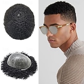 halpa Hiuspalat ja -housut-afro toupee mustille miehille afro aaltoileva miesten toupee hiusten korvausjärjestelmät täysi poly ohut iho injektio afrikkalainen mies afro kihara toupee pu 1# jet black-10mm