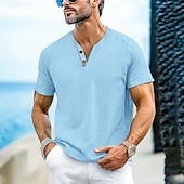 cheap Casual Henley Tee-Men&#039;s Henley Shirt Tee Top Short Sleeves Plain Fashion Designer Basic Buttons V Neck V Neck Vacation Street Going out Summer Black White Light Blue Henley T-Shirt