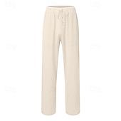 baratos Lar-Homens Calças de linho Calças Calça verão Com Cordão Cintura elástica Perna reta Tecido Conforto Respirável Comprimento total Casa Casual Diário Moda Estilo Clássico Preto Branco